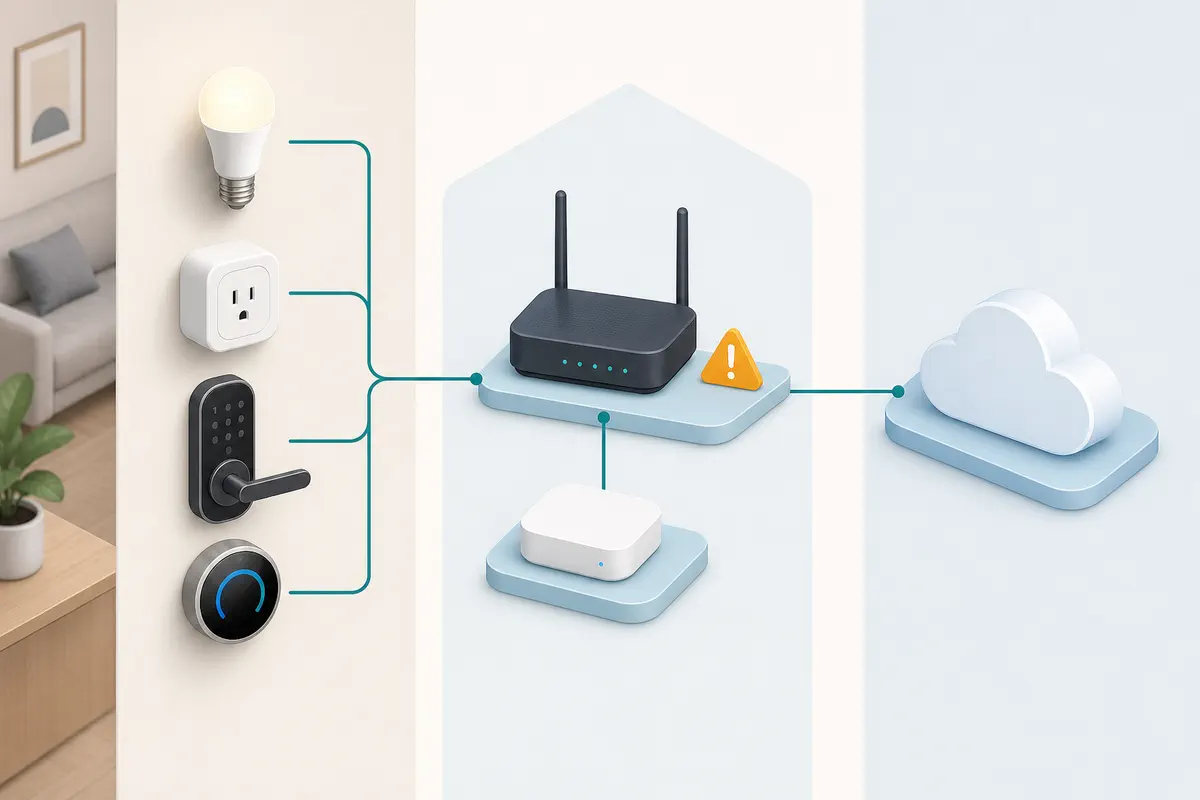 Smart-home devices, router, hub, bridge, and cloud layer shown as shared places where offline-device failures can happen